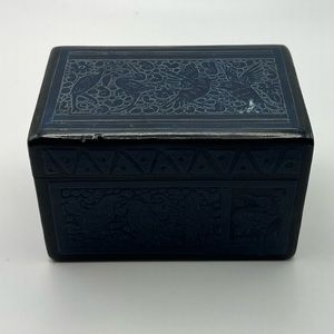 Blue stained wood box hand carved birds.